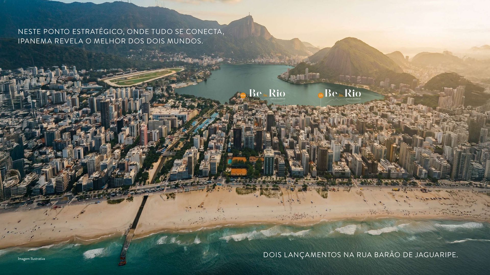 Vista aérea de Ipanema mostrando a localização das duas torres do Be.in.Rio Barão de Jaguaripe, 225 e 404