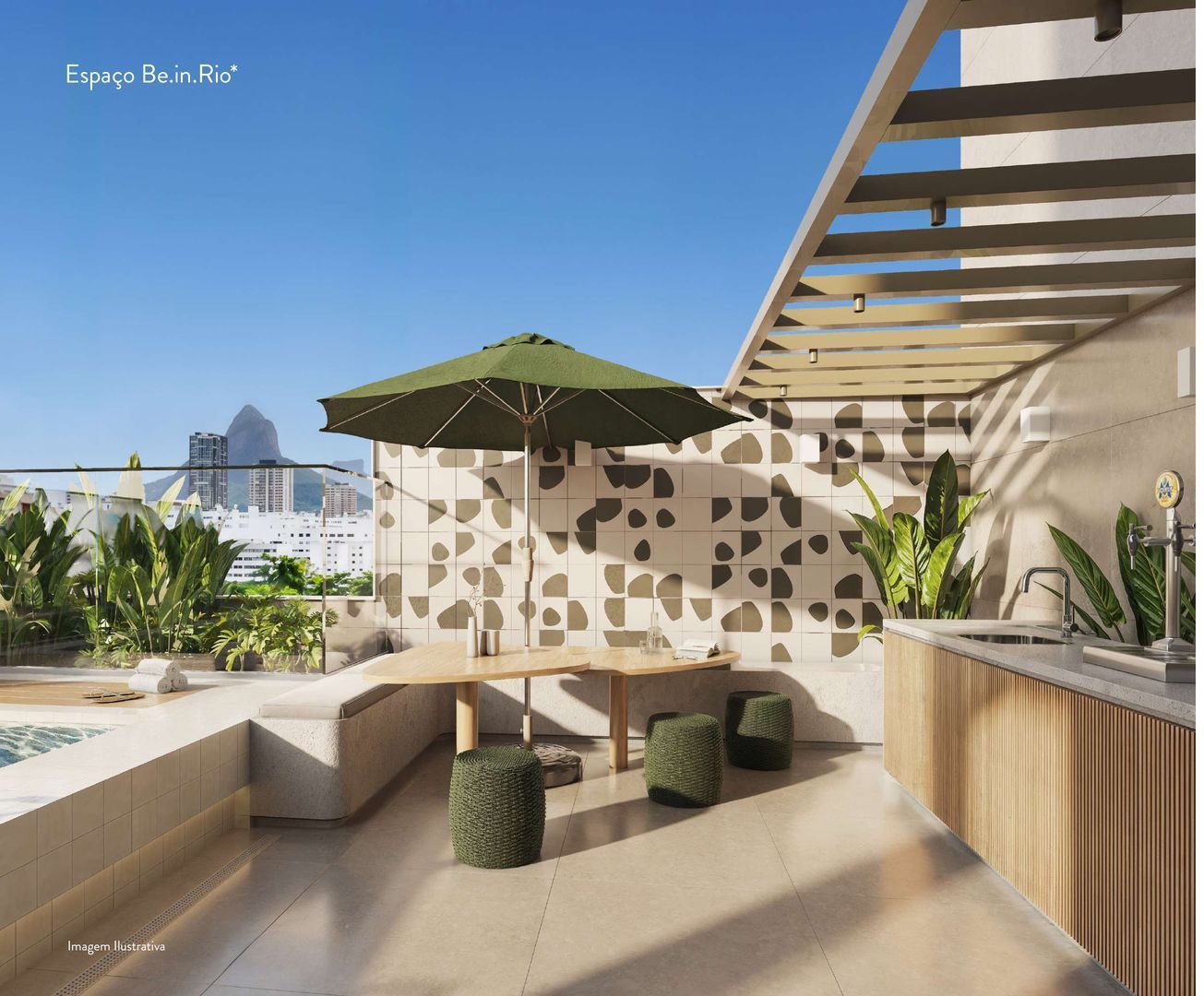 Espaço de estar com pérgola no rooftop do Be.in.Rio Barão de Jaguaripe 404